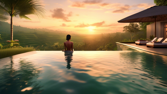 Create an image of a luxurious infinity pool overlooking the lush green landscapes of Bali, with a beautiful sunset in the background and a person enjoying a relaxing spa treatment nearby, embodying a seamless and luxurious experience in Bali, 2023.