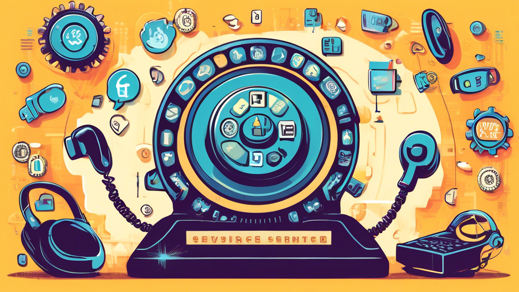 An illustration of a large, shiny rupee coin with a vintage telephone and headset resting on top, surrounded by digital icons representing customer service, such as chat bubbles and gear wheels, with the background showing a bustling call center.