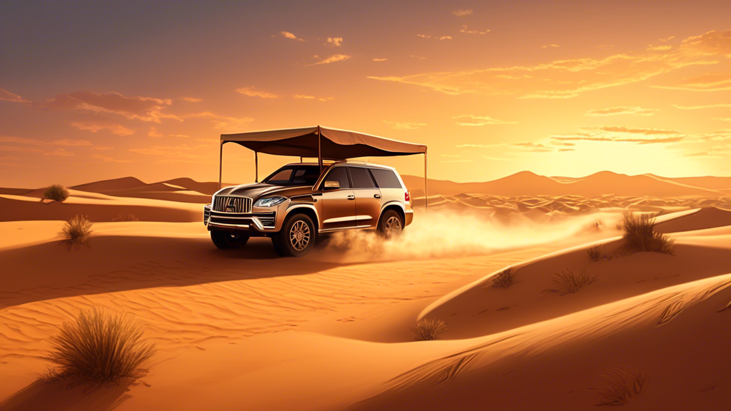 A luxurious off-road SUV driving through golden sand dunes at sunset, with a VIP setup of plush seating and dining arrangements under a canopy, in the middle of a serene desert landscape.