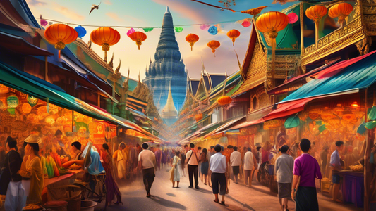 Create an image depicting a vibrant scene in Thailand on June 3, 2024, showing a blend of traditional culture and modern developments. Include elements such as bustling street markets, golden temples,