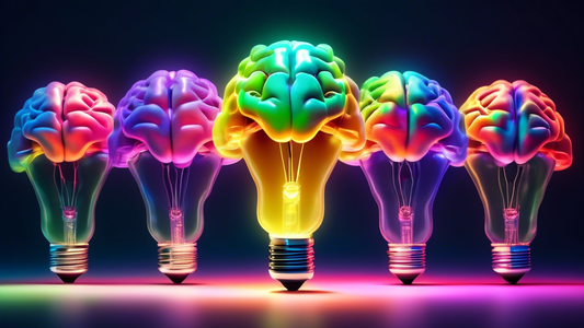 A human brain illuminated with colorful lightbulbs, symbolizing the birth of new ideas