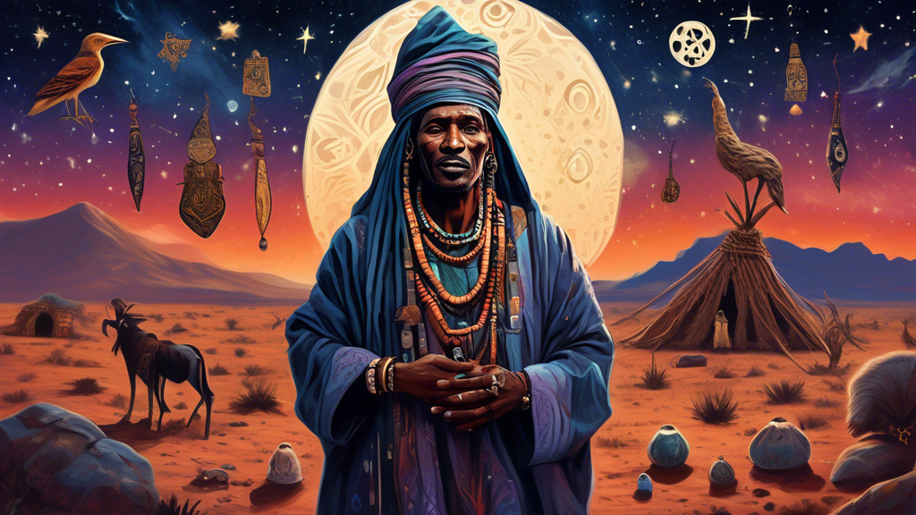 An illustrated portrait of a famous and powerful witch doctor, Sheikh Samir, surrounded by mystic symbols and the picturesque landscapes of Marsabit, under a starry night sky.
