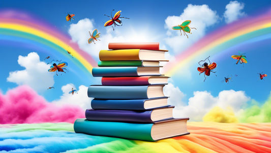 A stack of books with rainbow covers against a bright blue sky with fluffy clouds