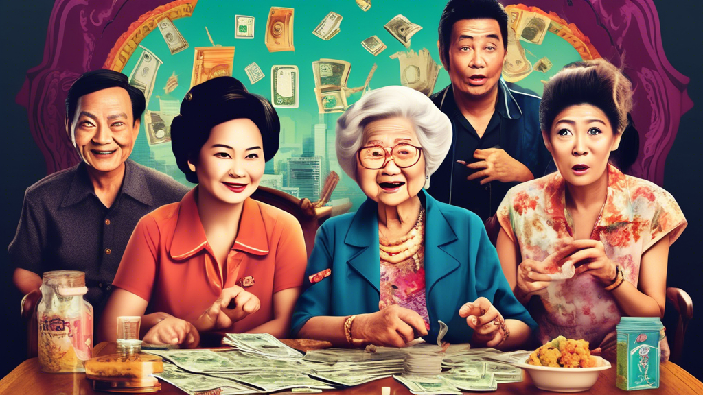 Create a whimsical movie poster for a dark comedy titled 'How to Make Millions Before Grandma Passes,' featuring a quirky family gathered around a table, plotting with charts, money, and a mischievous