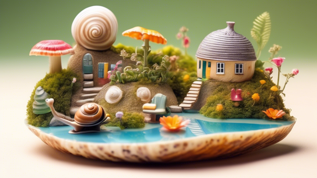 A miniature garden landscape with tiny furniture and houses, built around and on top of a large snail shell