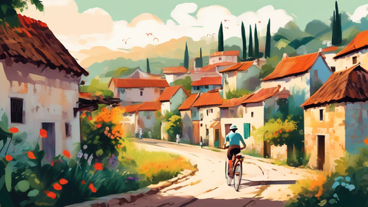 Paint a serene and vibrant image of a traveler leisurely biking through a quaint village, surrounded by lush landscapes and interacting with smiling locals, showcasing the essence of slow travel and cultural immersion.