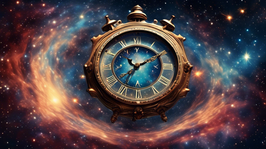 a vintage clock floating amidst a cosmic background with galaxies and nebulae, symbolizing the concept of eternal time