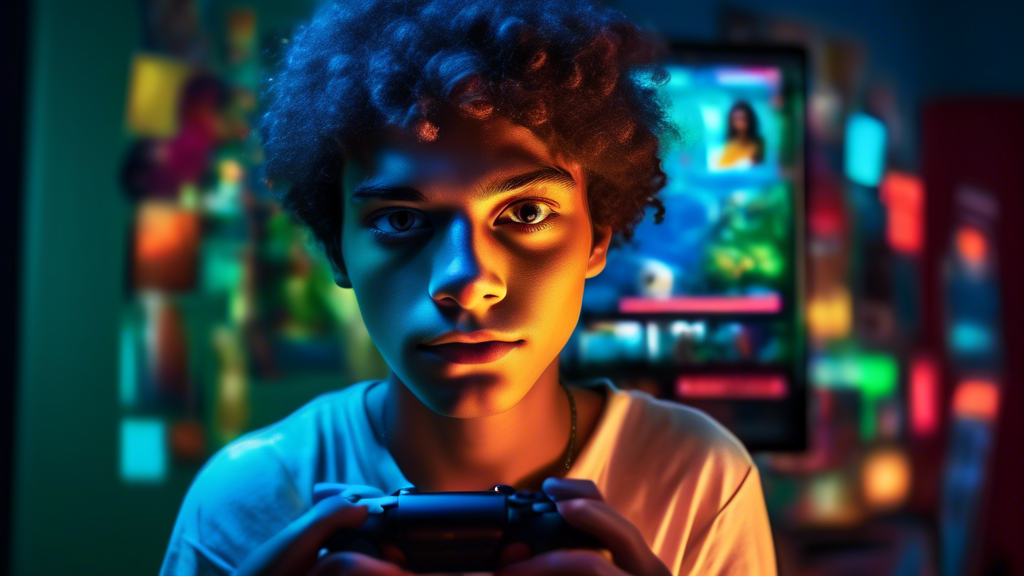 A Brazilian Gen Z teenager with half their face lit by the glow of a Netflix screen and the other half lit by the glow of a video game controller.