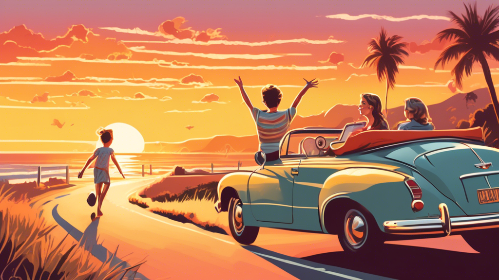 A joyful parent and child duo enjoying a picturesque road trip, with a vintage car driving down a coastal road, sun setting on the horizon, and an array of teenage dream memorabilia decorating the dashboard.