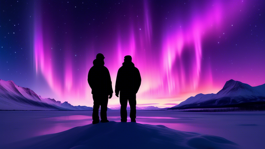 Two silhouetted figures standing under the magnificent Alaskan aurora borealis, forming a bond in the profound, starlit sky.