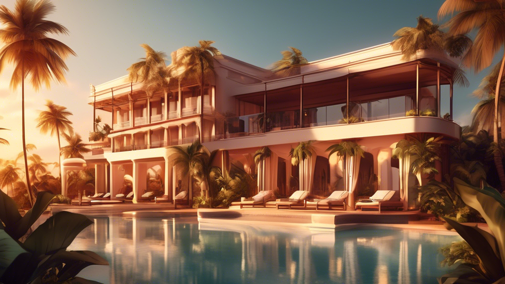 Render a serene and luxurious hotel and resort situated on a tropical beach at sunset, highlighting its elegant architecture and lush gardens, designed as part of the Cravestay Elementor Template Kit showcase.