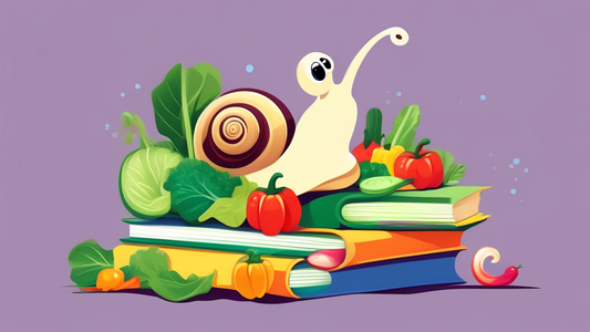 A happy snail munching on a pile of colorful vegetables, including cucumber, bell peppers, and leafy greens