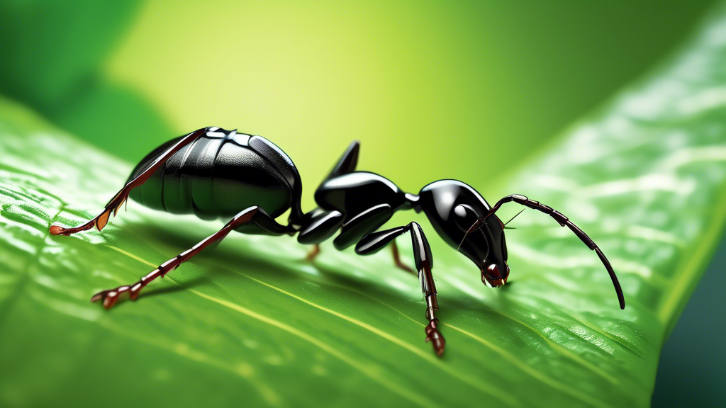 An artistic close-up illustration of a Lasius niger, the common black garden ant, exploring a vibrant green leaf in a lush garden environment, detailed to showcase its glossy exoskeleton and antennae.