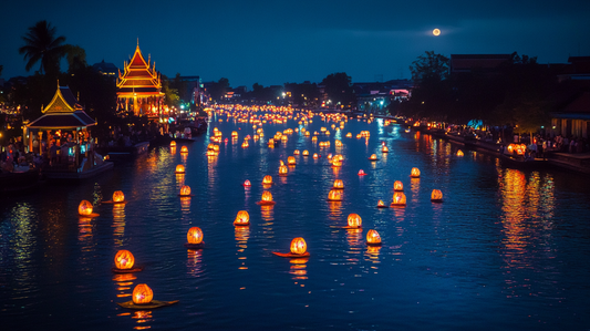 A vibrant collage showcasing various Thai festivals: the iconic Songkran water festival with people joyfully splashing water, the mesmerizing Yi Peng Lantern Festival with thousands of glowing lantern