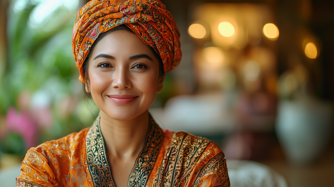 Create an image showing a serene spa setting where a woman is receiving a traditional Thai massage from a professional therapist. The therapist is using Asian stretching techniques to gently stretch t