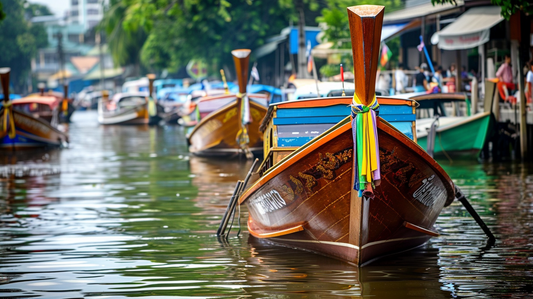 Create a vibrant illustration of Bangkok’s riverside featuring top attractions and activities. Include iconic landmarks such as the Temple of Dawn (Wat Arun), Bangkok’s ferries navigating the Chao Phr