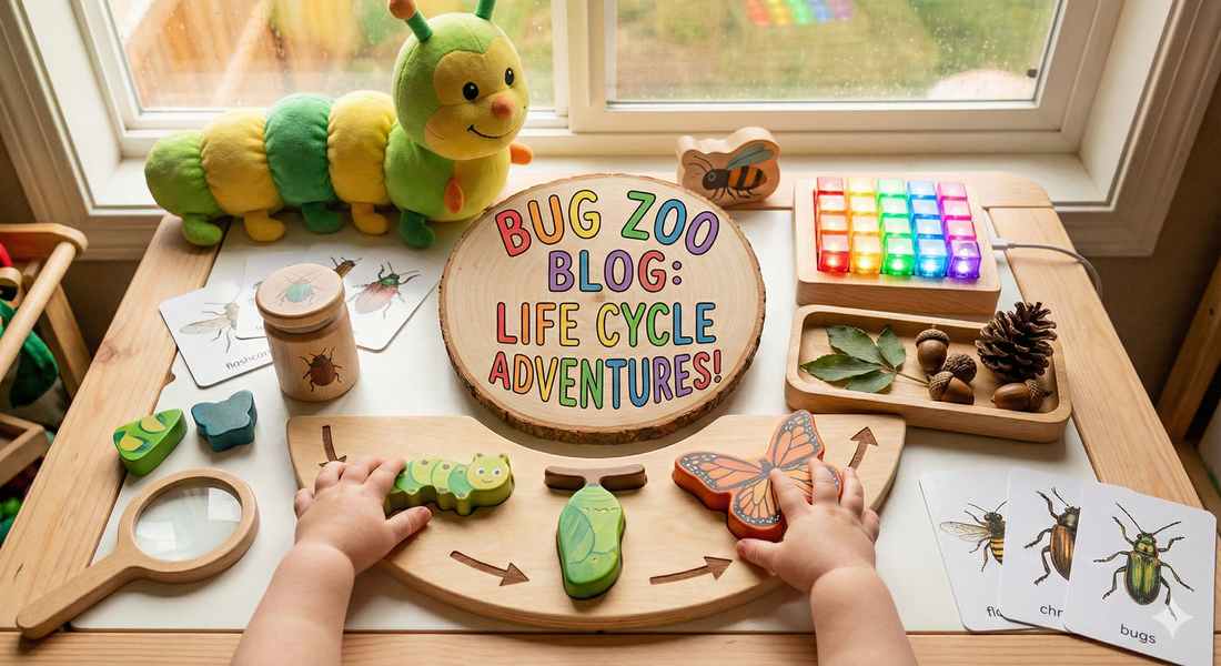 Kids’ hands arrange wooden life cycle pieces on a sunny table with a “Bug Zoo Blog” sign, a caterpillar plush, and a small rainbow light board for colorful nature learning play.
