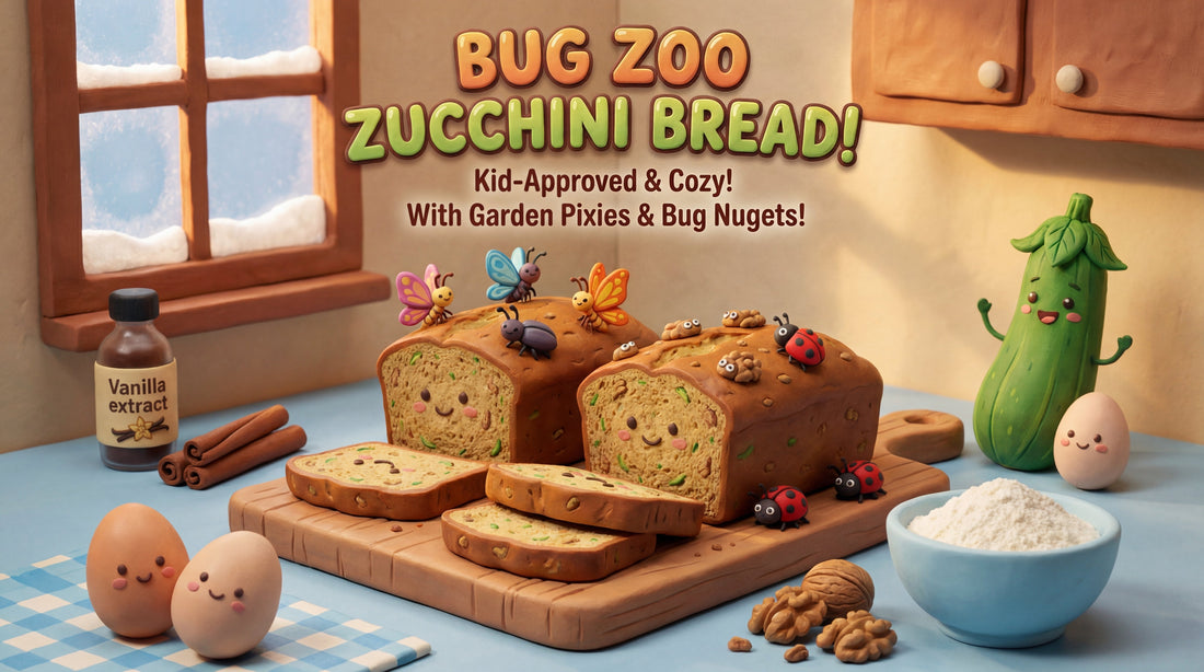Illustrated kitchen scene with a sliced loaf of zucchini bread on a wooden board, surrounded by playful food characters including a smiling zucchini, eggs, and bug-shaped decorations.