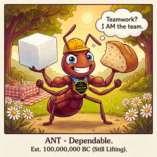 Cartoon ant in a construction helmet holding a block of cheese and a piece of bread, with a picnic setting in the background.
