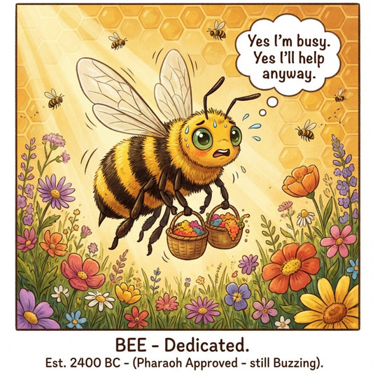 Cartoon bee with flowers and text on a honeycomb background
