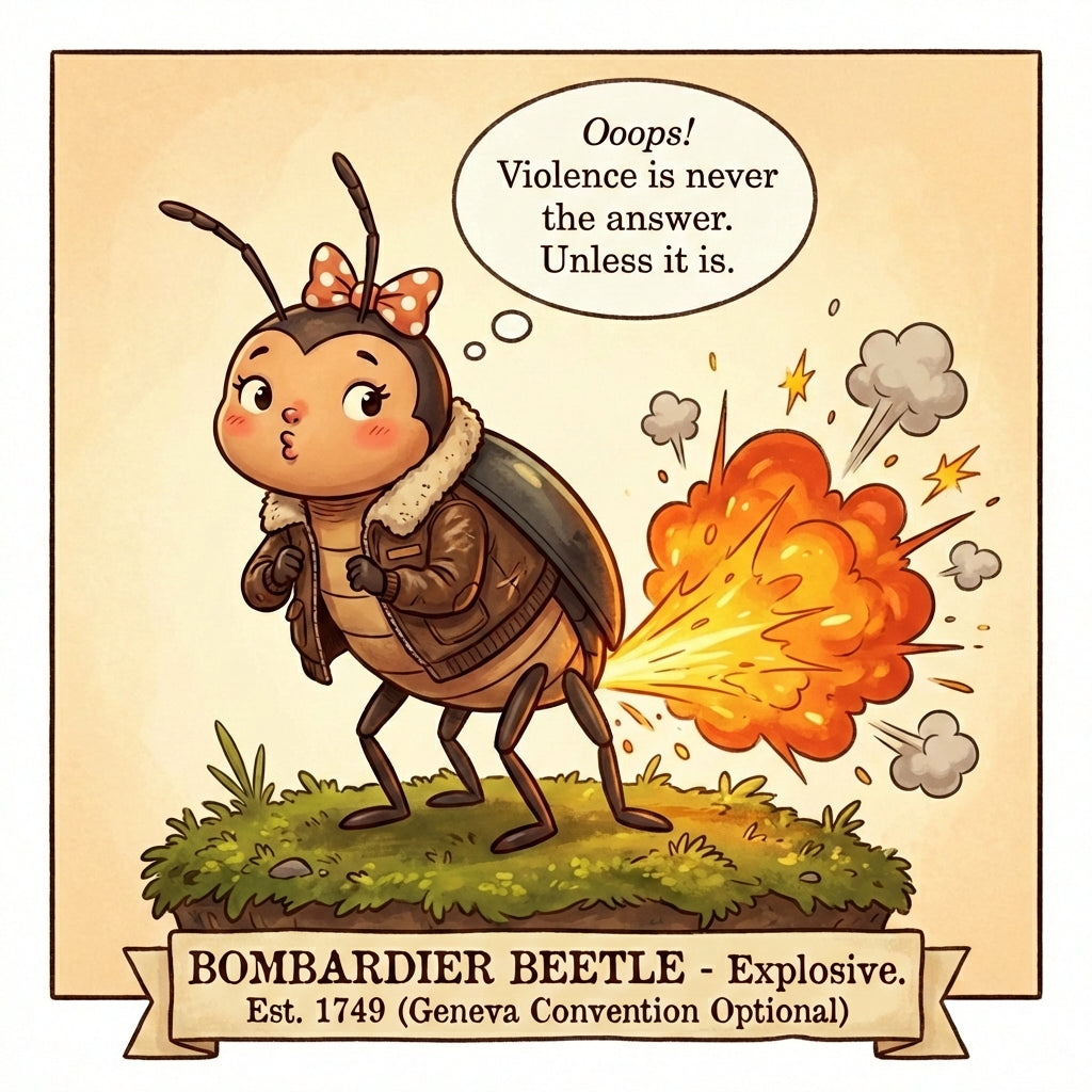 Cartoon bombardier beetle with an explosion and a humorous quote on a beige background