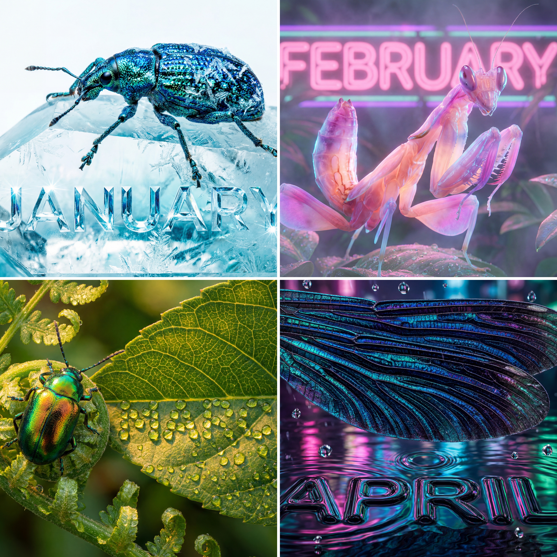 Preview of Bug Zoo 2026 calendar January–April artwork