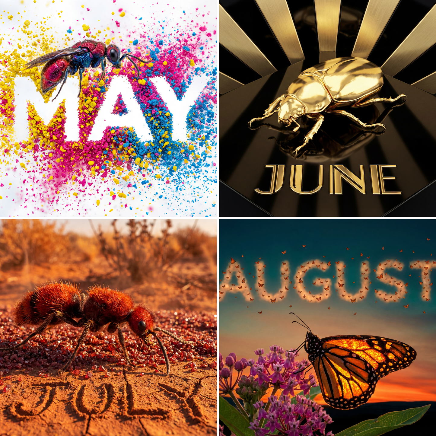 Preview of Bug Zoo 2026 calendar May–August artwork