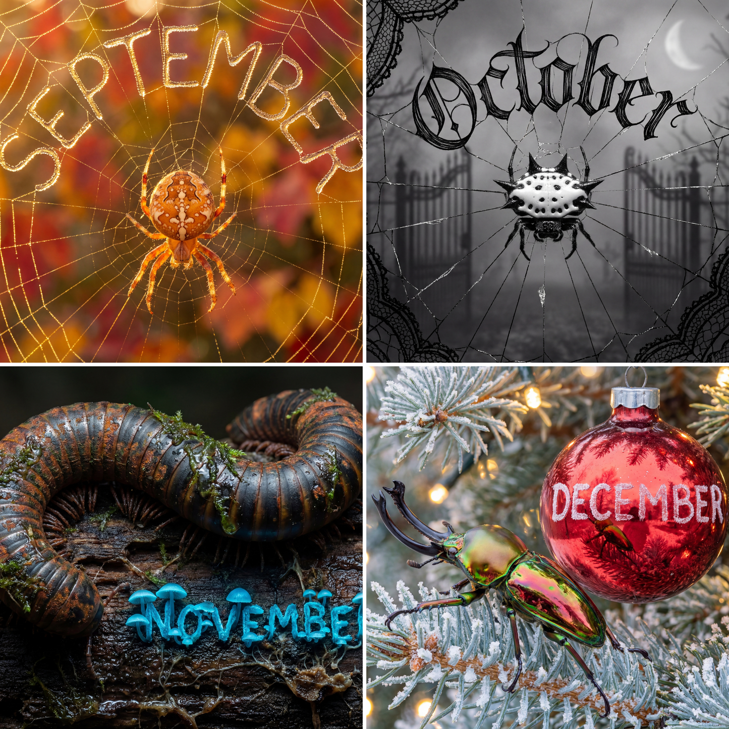 Preview of Bug Zoo 2026 calendar September–December artwork