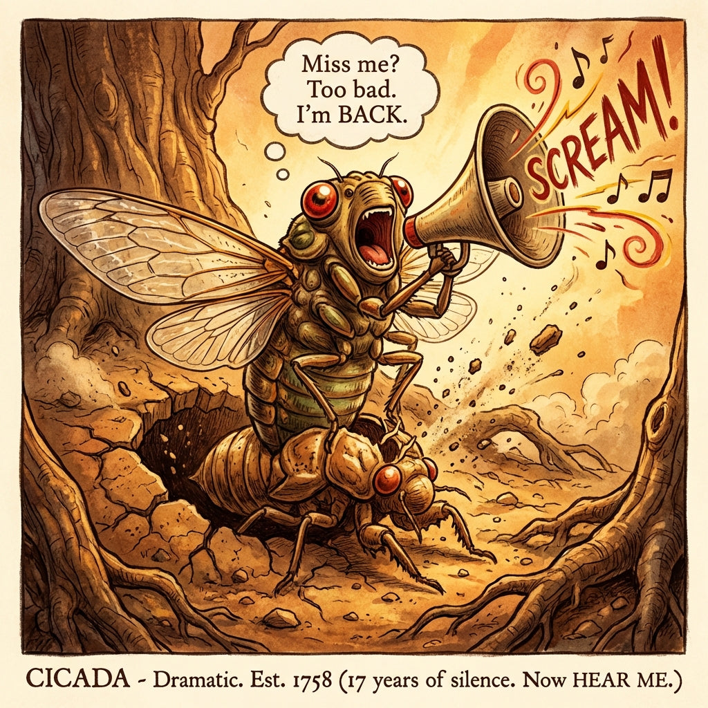 Illustration of a cicada emerging from a shell with a megaphone, text 'Miss me? Too bad. I'm BACK.'