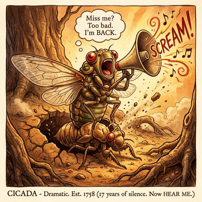 Illustration of a cicada emerging from a shell with a megaphone, text 'Miss me? Too bad. I'm BACK.'
