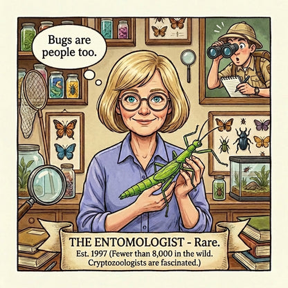 Illustration of a woman holding a praying mantis with an entomology-themed room in the background.