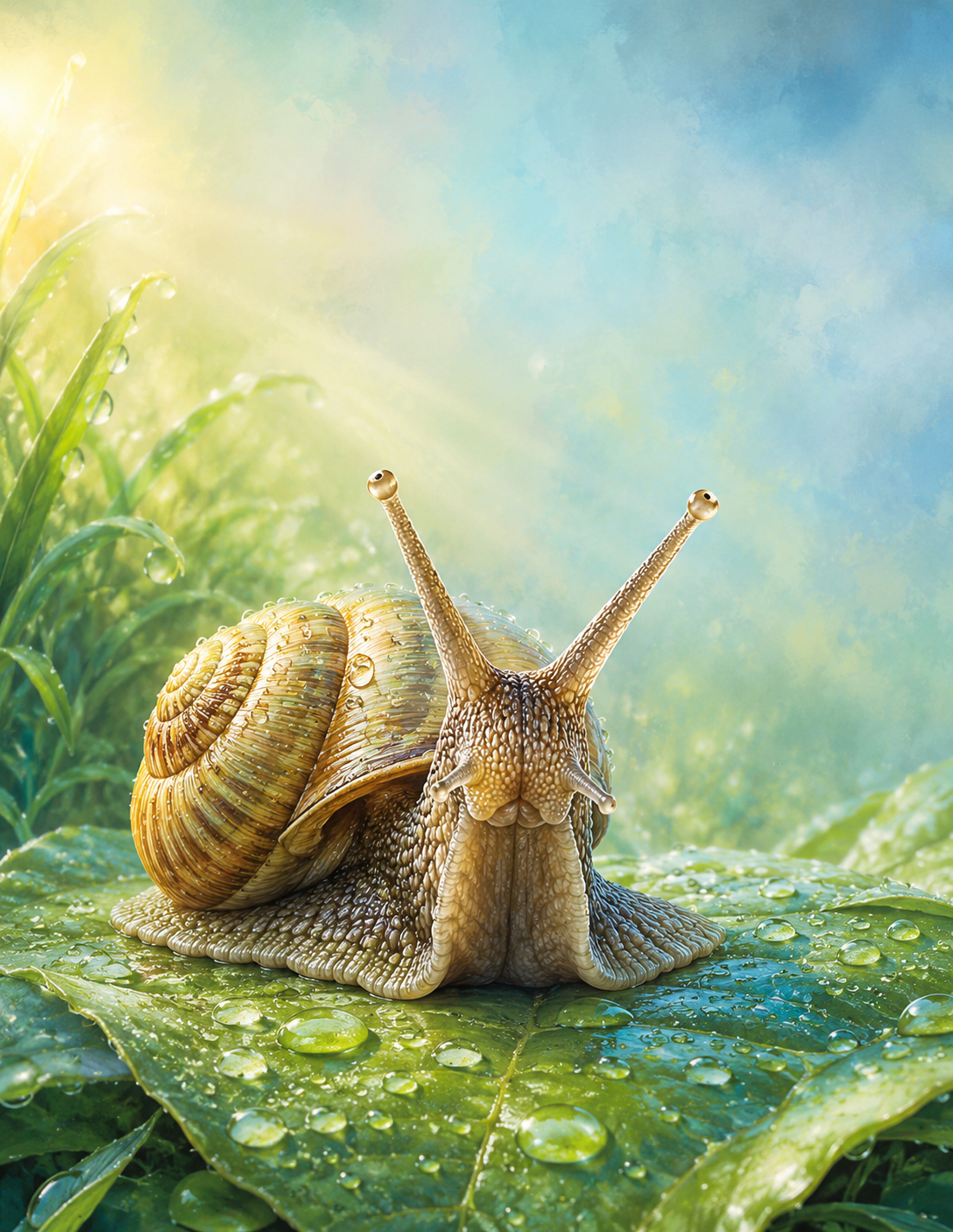 Garden snail on a dew-covered leaf