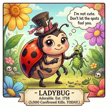 Cartoon ladybug character with a top hat in a garden setting, surrounded by flowers and an aphid.