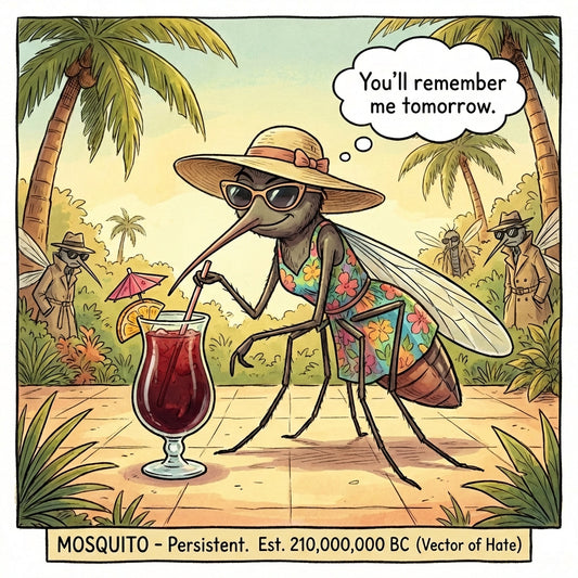 Cartoon mosquito in a hat and sunglasses drinking a cocktail with palm trees in the background.