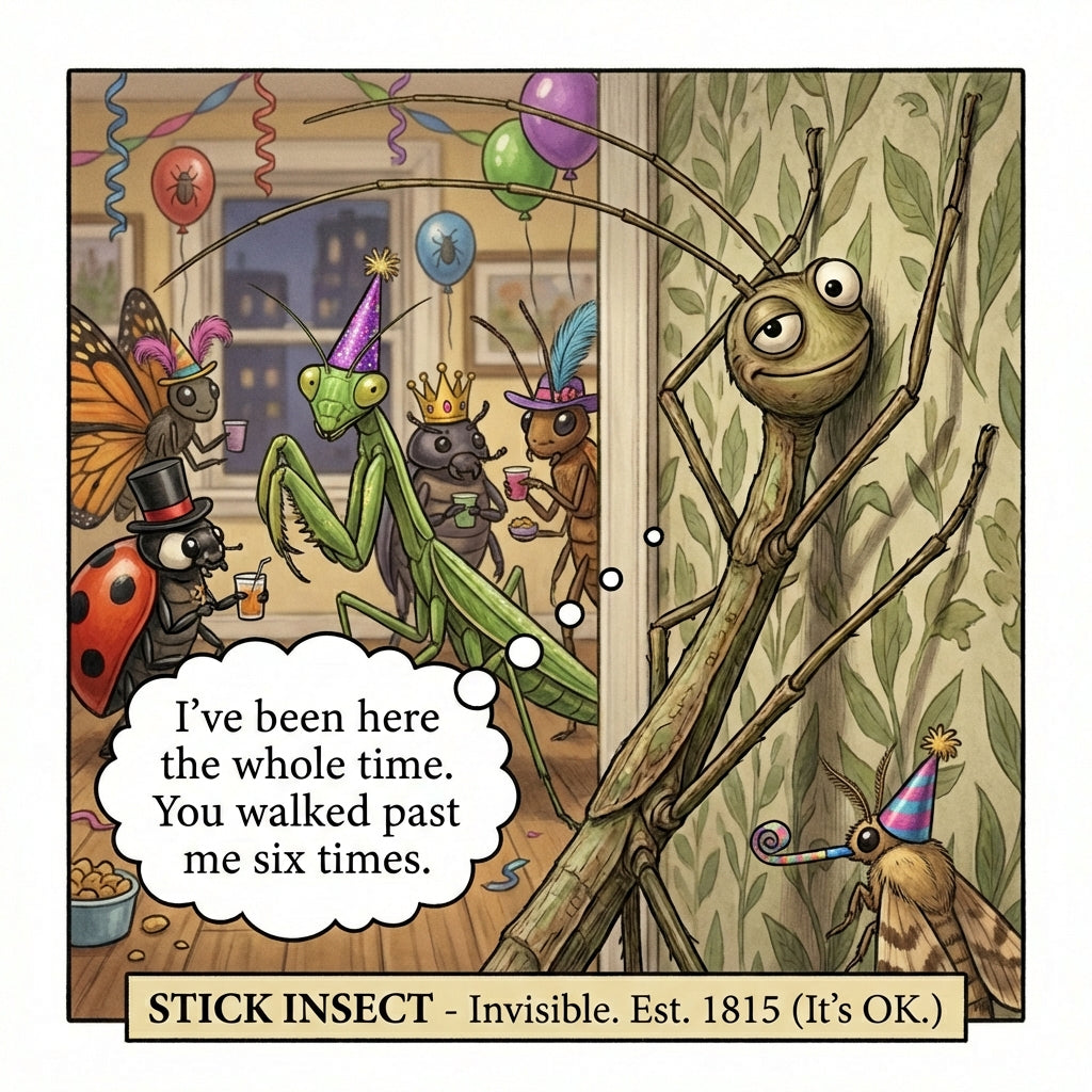 Cartoon illustration of insects celebrating a birthday party with a stick insect character speaking.