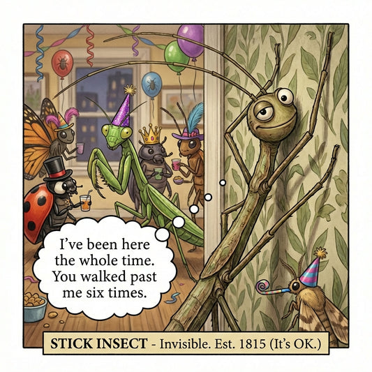 Cartoon illustration of insects celebrating a birthday party with a stick insect character speaking.
