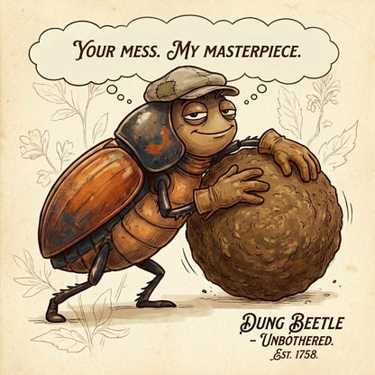 Cartoon dung beetle with a speech bubble and text on a beige background