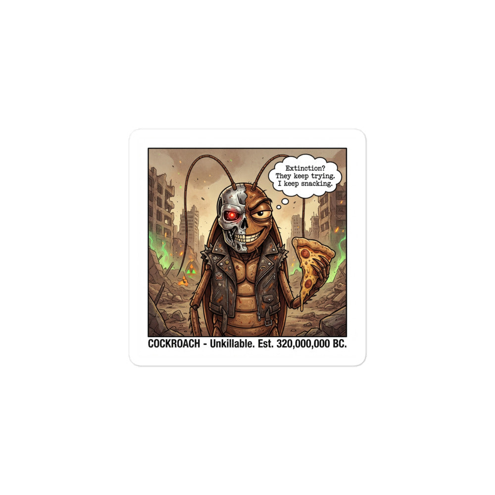 Cockroach sticker with survivor art and text "Unkillable. Est. 320,000,000 BC." - Bug Zoo Inc