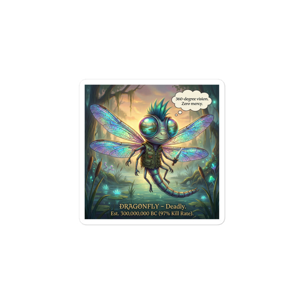 Dragonfly sticker with aerial predator art and text "360° Vision. Zero Mercy. 97% Kill Rate." - Bug Zoo Inc