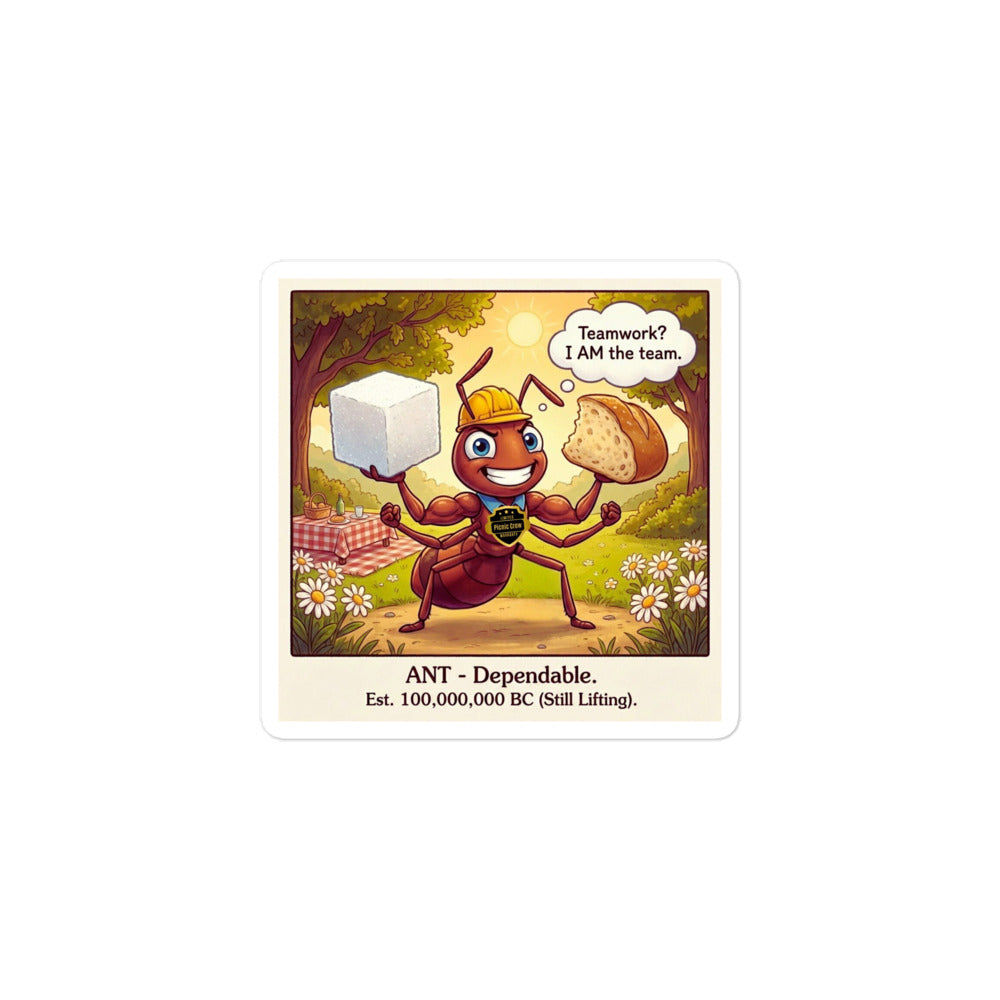 Ant sticker with powerful colony art and text "I Am the Team. Est. 100,000,000 BC." - Bug Zoo Inc