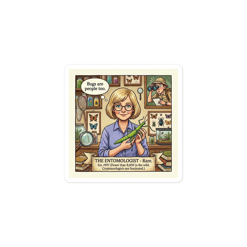 Entomologist sticker featuring bug scientist with net and text "Bugs Are People Too. Est. 1997." - Bug Zoo Inc