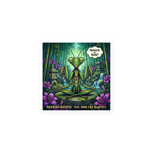 Praying Mantis sticker with zen predator art and text "Namaste. Or Run." - Bug Zoo Inc