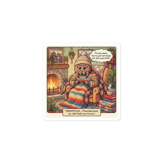 Tarantula sticker with fluffy spider art and text "I'm Not Scary. You're Just Not Ready for This Much Fluff." - Bug Zoo Inc