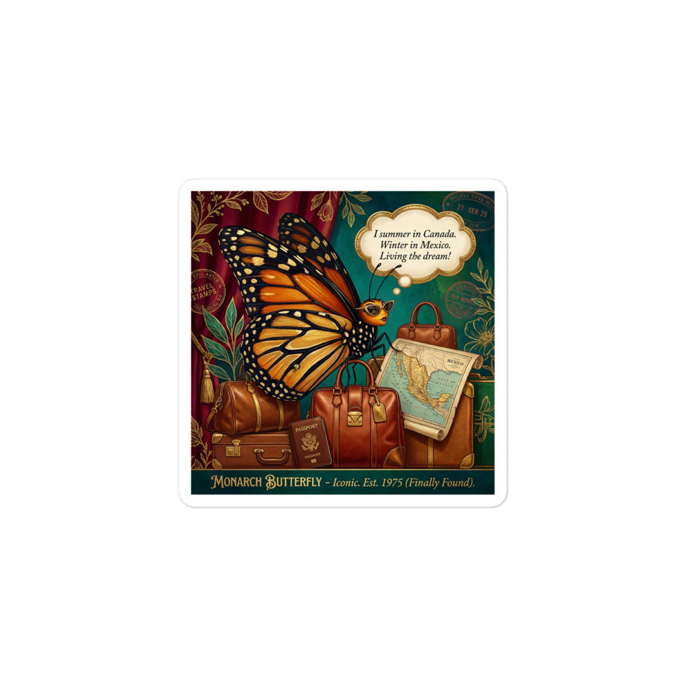 Monarch Butterfly sticker with migratory art and text "I Summer in Canada, Winter in Mexico. Living the Dream." - Bug Zoo Inc