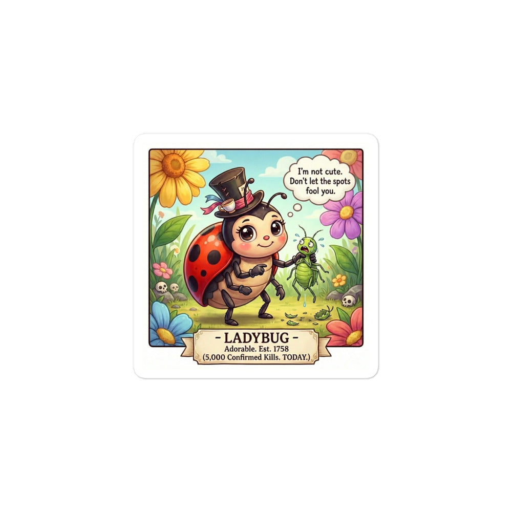 Ladybug sticker with fierce cute art and text "5,000 Confirmed Kills Today" - Bug Zoo Inc