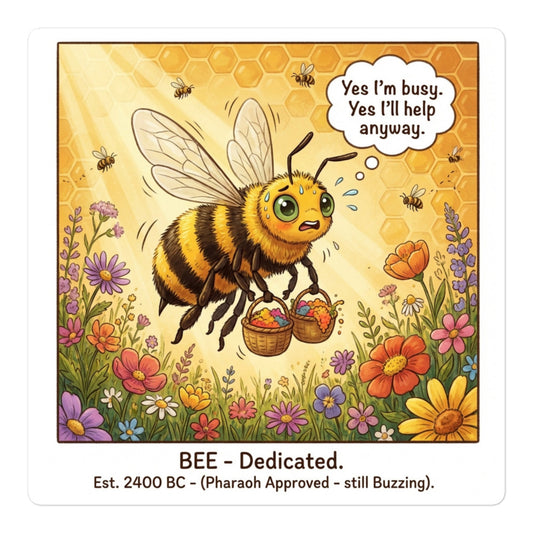 Bee sticker with hardworking honeybee art and text "Yes I'm Busy. Yes, I'll Help Anyway." - Bug Zoo Inc