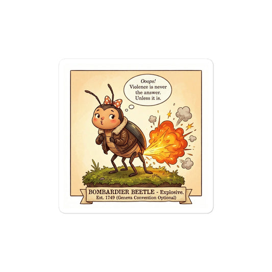 Bombardier Beetle sticker with action art and text "Violence Is Never the Answer. Unless It Is." - Bug Zoo Inc