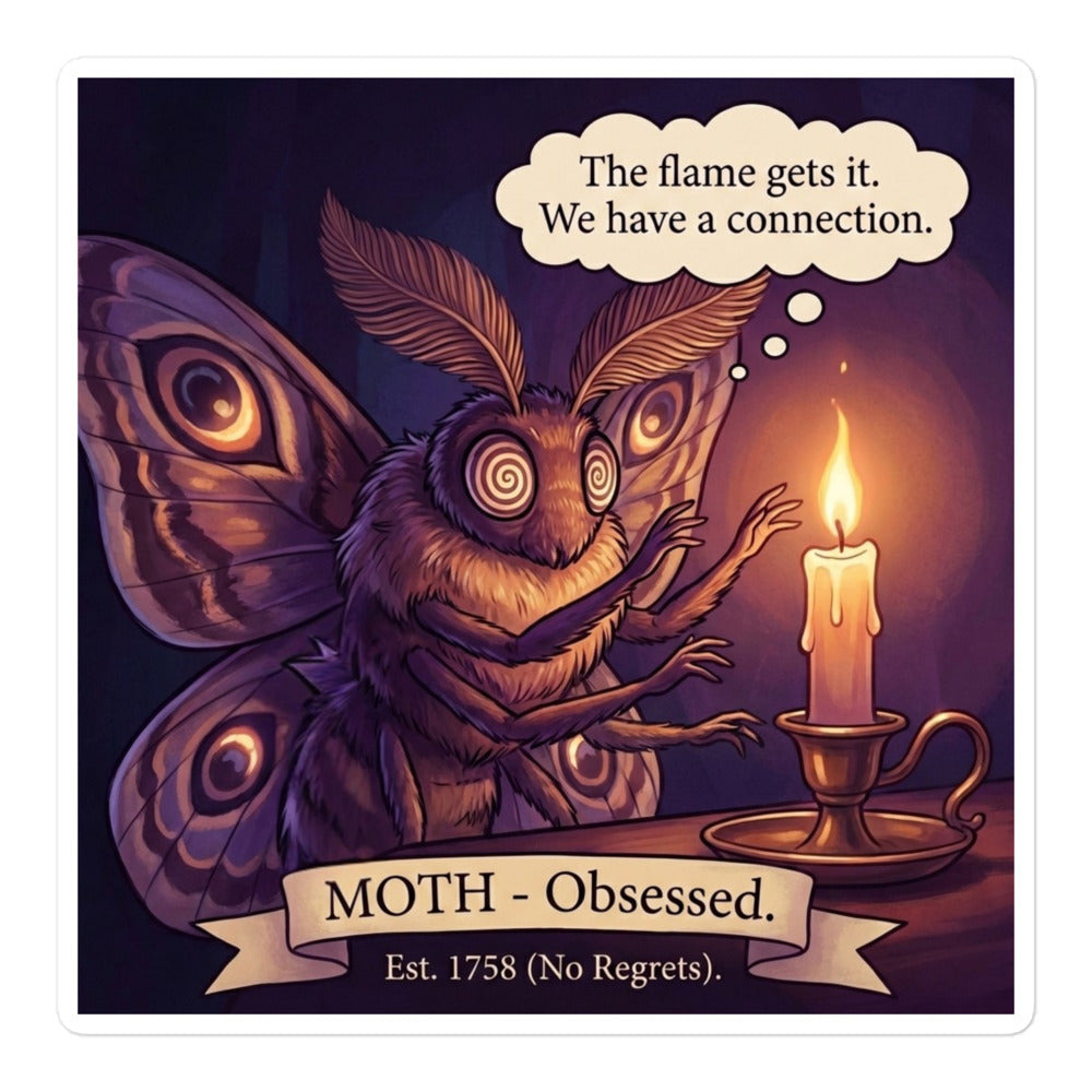 Moth sticker with vintage romantic art and text "The Flame Gets It. We Have a Connection." - Bug Zoo Inc