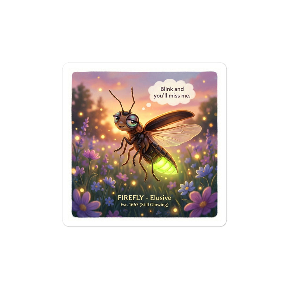 Firefly sticker glowing at twilight with text "Blink and You'll Miss Me" - Bug Zoo Inc