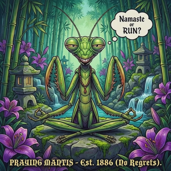 Meditating praying mantis surrounded by bamboo and flowers with a 'Namaste or RUN?' speech bubble.